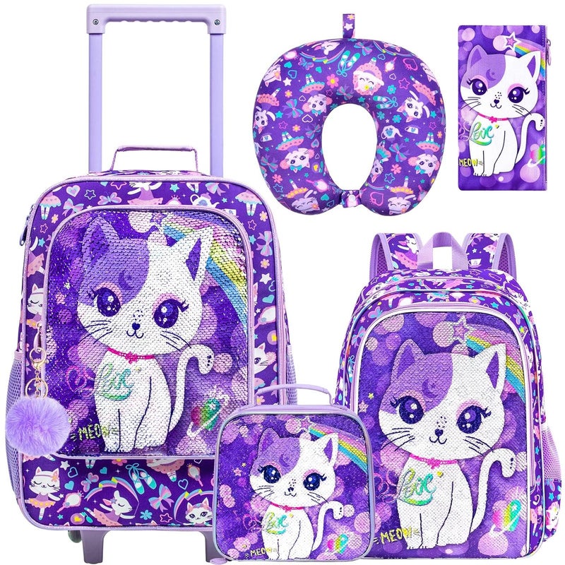 UFNDC 5PCS Kids Suitcase Set for Girls, Cute Sequins Cat Rolling Luggage, Travel Carry-On for Toddlers & Elementary Children - Image 1